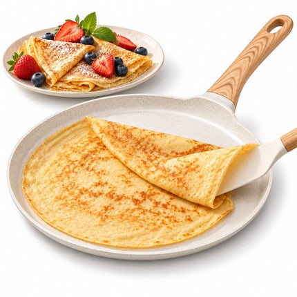 Hakal Crêpepan 28 cm – Pannenkoekenpan met Lage Rand - Premium Anti-aanbaklaag – Crème – Houtlook Handgreep