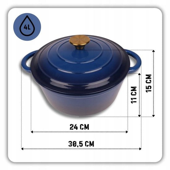 Hage - Braadpan - Geëmailleerde Gietijzeren Braadpan - Casserole - Geschikt voor Inductie, Gas & Oven - Inclusief Pannenonderzetter & Handgreepbeschermers - 4 Liter - Ø24 x 12 cm - Blauw