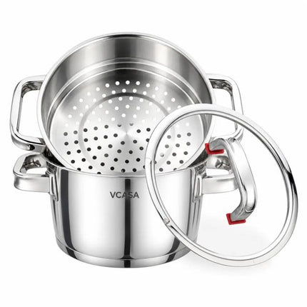 Vcasa 3-delige stoompan set 20 cm met glazen deksel, rvs