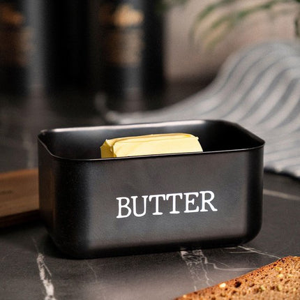 Homla - Avila Botervloot met Houten Deksel - Boterdoos Acacia Hout - Boter Bewaarbox Keuken - Stijlvolle Butter Dish - Boter Serveren & Bewaren - 0.73L - 15 x 10 x 7 cm - Zwart