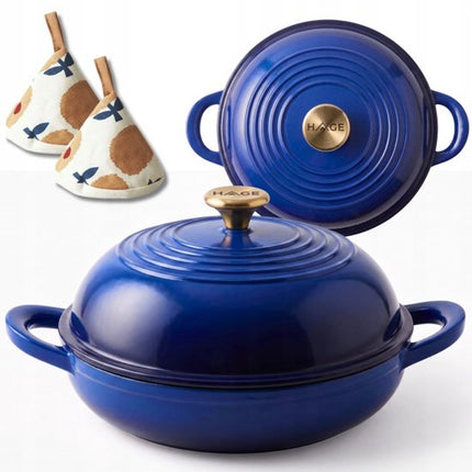 Hage - Broodbakpan - Geëmailleerde Gietijzeren Broodpan met Deksel - Voor Knapperig Brood & Ovenschotels - Geschikt voor Inductie, Gas & Oven - Inclusief Pannenhouder & Handbeschermers - 2 Liter - Ø26 x 16.5 cm - Blauw
