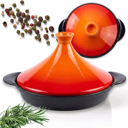 Hage - Tajine - Marokkaanse Tajine - Geëmailleerde Gietijzeren Stoofpan - Keramische Kegelvormige Deksel - Inductie - Gas - Elektrisch - Ovenbestendig - voor Langzaam Garen, Stoofschotels en Mediterrane Gerechten - Ø27cm - 1.5L - Oranje en Zwart