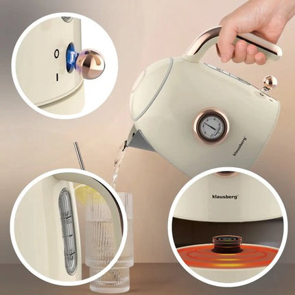 Klausberg - Waterkoker - Retro Waterkoker - Kleine Elektrische Waterkoker - Thee Waterkoker met Thermometer - Compacte Waterkoker Design - Keukenapparaat - 1L - 1200W - RVS - Crème