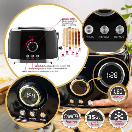 Klausberg - Broodrooster - Keuken Toaster - Toaster met LED Display en 6 Standen - Brede Sleuven Broodrooster - 2 Sneden - Retro Design - Ontdooifunctie & Opwarmfunctie - 850W - ca. 28.5 x 18.5 x 20 cm - Zwart