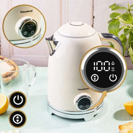 Klausberg - Elektrische Waterkoker & Broodrooster Set - 1.7L Waterkoker met LED Display & Temperatuurregeling 40-100°C - Retro 2-Sleuven Broodrooster 850W - 6 Bruiningsstanden - Ontdooien & Opwarmen - Beige