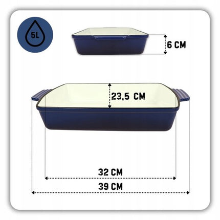 Hage - 3-Delig Keukenset - Gietijzeren Braadschaal - Geëmailleerde Ovenschaal 3,5 L - Rechthoekige Bakvorm - Braadslede voor Vlees en Ovenschotels - Ovenvorm met Handgrepen - Warmtevaste Bakvorm - Duurzaam Gietijzer - Blauw