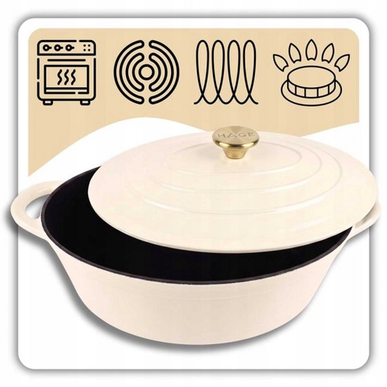 Hage - Gietijzeren Braadpan - Braadpan - Cast Iron Casserole met Deksel - Geëmailleerd - Geschikt voor Inductie & Oven - 6 Liter - 34 x 26 x 18 cm - Crème