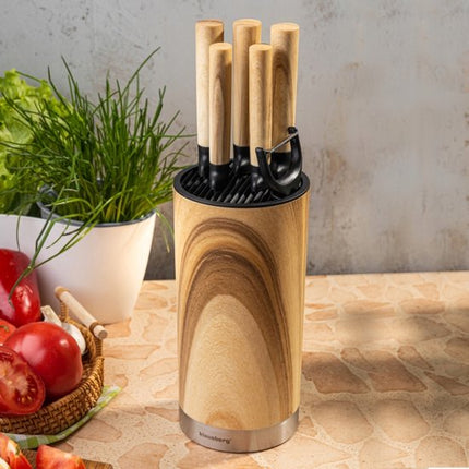 Klausberg - Messenset - 7-Delige - Keukenmessenset - 5 RVS Keukenmessen - Groenteschiller - Messenhouder - Keukenaccessoires met Dunschiller en Messenblok - Natuurlijk Houtlook