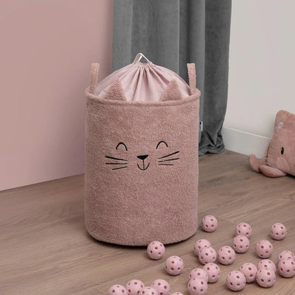 SIPO Speelgoedmand - Premium Bouclé-Editie - Opbergbak - Opbergmand - Met Drawstring Sluiting - Set van 2 - Beige Beer & Roze Kat Design - Voor Speelgoed - Kleding - Textiel - XL - 43 Liters - 35 x 35 x 45 cm - Beige & Roze