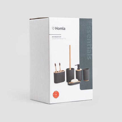 Homla - Loreto Badkameraccessoireset - Badkamer Accessoire Set - 5 Delig - Complete Badkamer Set met Bamboe - Zeepdispenser - Tandenborstelhouder - WC Borstel - Moderne Badkamer Accessoires - Zwart