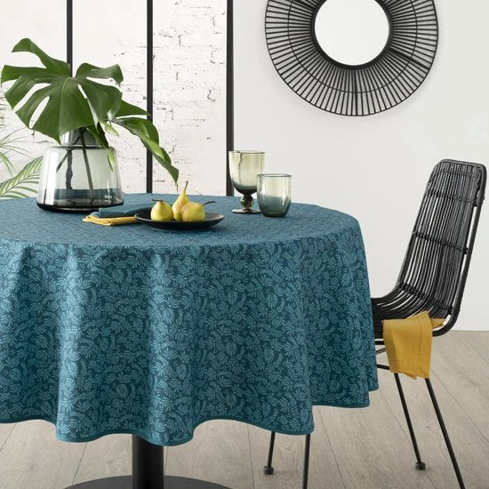 Atmosphera Tafelkleed van polyester rond - D180 cm - blad print blauw - Eettafel tafelkleden