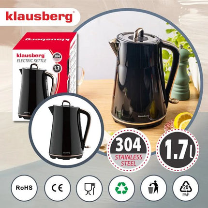 Klausberg - Waterkoker - Elektrische Waterkoker - Thee & Koffie Koker - Grote Waterkoker Snelkoker - Keuken Waterkoker Modern - 1.7L - RVS - 2200W - Zwart