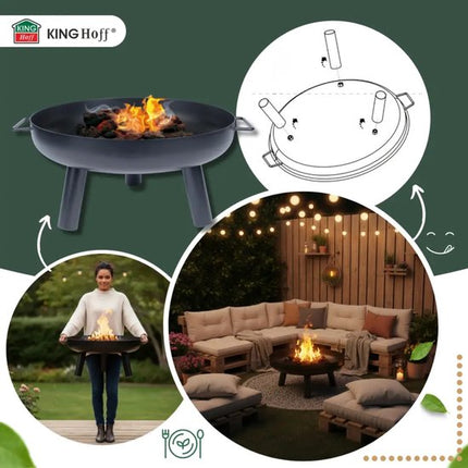 KINGHoff - Vuurkorf - Camping BBQ Vuurkorf - Tuinhaard Buiten Houtskool - Vuurplaats Tuin - Bonfire Fire Pit met Pook - Terras Haard - Metaal - Ø60.5 x 32 cm - Zwart