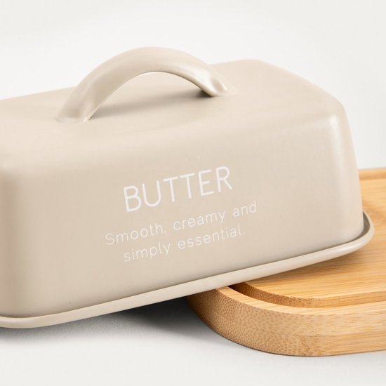 Homla - Flora Botervloot met Houten Onderzetter - Butter Dish Metaal met Deksel - Boter Serveren en Bewaren Keuken - Stijlvolle Boterschaal met Hout - 0.35L - 15.5 x 10.5 x 6.5 cm - Beige