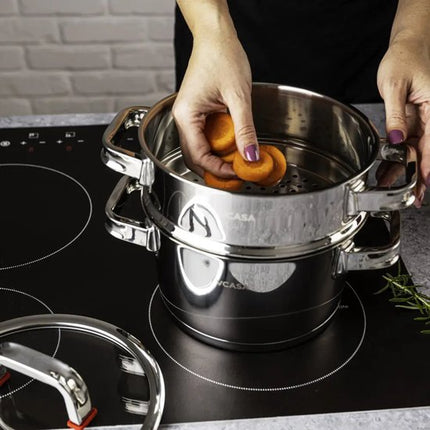 Vcasa 3-delige stoompan set 20 cm met glazen deksel, rvs