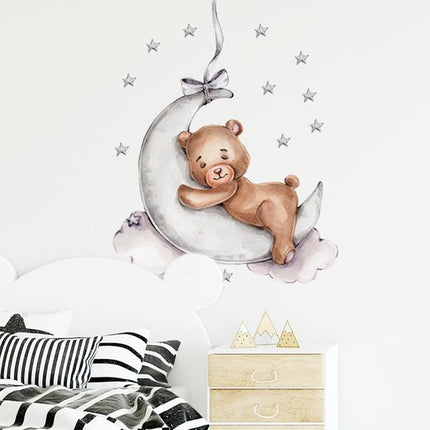 Sipo Wandsticker Beer op de Maan - Zelfklevende Ruimte Muurdecoratie voor Kinderkamer - 72x57 cm - Space Wandsticker met Sterren en Maan
