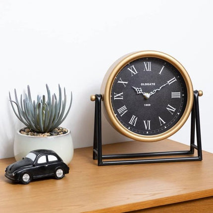 Atmosphera Tafelklok Roma - goud/zwart - H26 cm - Dia klok 21 cm - glas/metaal - op standaard