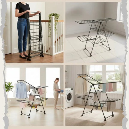 Kinghoff - KH-2046 - Wasrek - Stalen Droogrek - Kledingdroogrek met Kledinghangerrek - Inklapbaar met Wielen - 25 kg Draagvermogen - Meerdere Droogniveaus - Verrijdbaar - Vergrendelbare Zwenkwielen - voor Binnen en Buiten - 157x61x127cm - Zwart