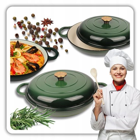 Hage - Braadpan - Geëmailleerde Gietijzeren Braadpan - Cast Iron Casserole - Geschikt voor Inductie, Gas & Oven - Inclusief Pannenonderzetter & Handgreepbeschermers - 3 Liters - Ø30 x 10.5 cm - Donkergroen