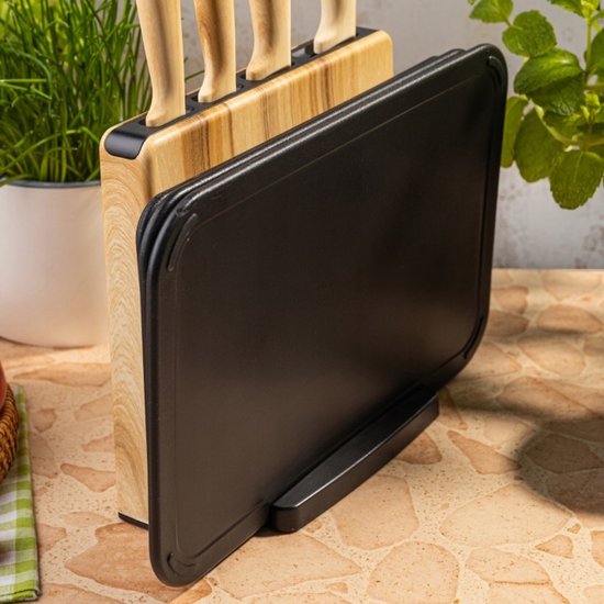 Klausberg - Messenset - 8 Delig - Keukenmessenset - Messenblok met 4 RVS Messen - 3 Snijplanken - Keuken Accessoires met Snijplanken en Houder - Zwart en Natuurlijke Kleur