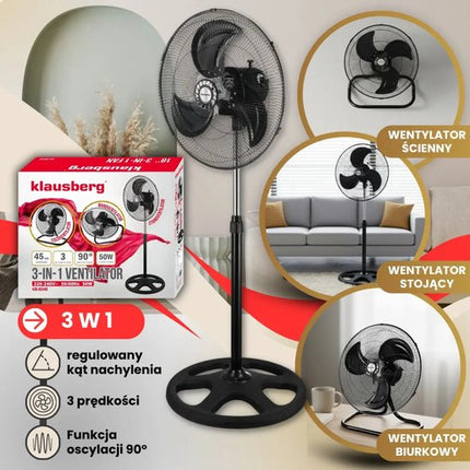 Klausberg - 3 in 1 Staande Ventilator - Vloerventilator - Krachtige Vloerventilator met Oscillatie 90° - Tafelventilator - Wandventilator - Grote Ventilator 3 Standen - 50W - Ø45cm - Zwart
