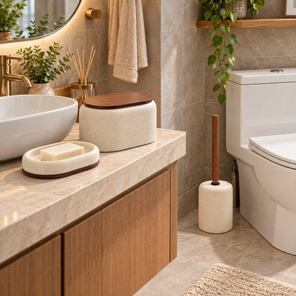 3-Delig Badkamer Accessoireset - Badkamerdecoratie - Badkamer Set - Toiletaccessoires - Wattenschijfjeshouder 10,2 cm - Toiletborstel 39 cm - Zeepschaal 13 cm - Zeepbakje - Polyresin - Beige