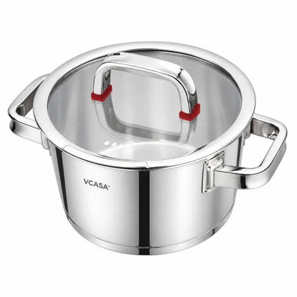 Vcasa kookpan 16 cm met glazen afgietdeksel, 1,6 liter, rvs