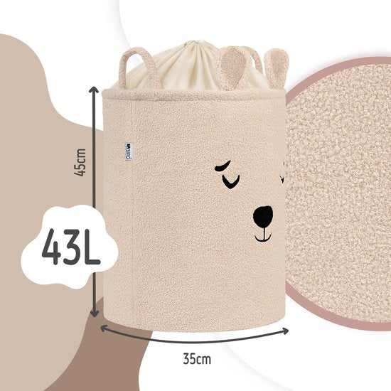 SIPO Speelgoedmand - Premium Bouclé-Editie - Opbergbak - Opbergmand - Met Drawstring Sluiting - Set van 2 - Beige Beer & Roze Kat Design - Voor Speelgoed - Kleding - Textiel - XL - 43 Liters - 35 x 35 x 45 cm - Beige & Roze