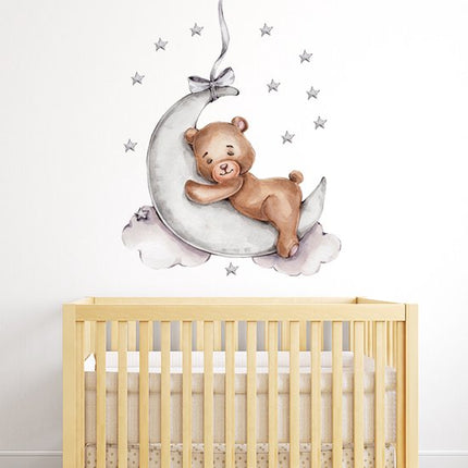 Sipo Wandsticker Beer op de Maan - Zelfklevende Ruimte Muurdecoratie voor Kinderkamer - 72x57 cm - Space Wandsticker met Sterren en Maan