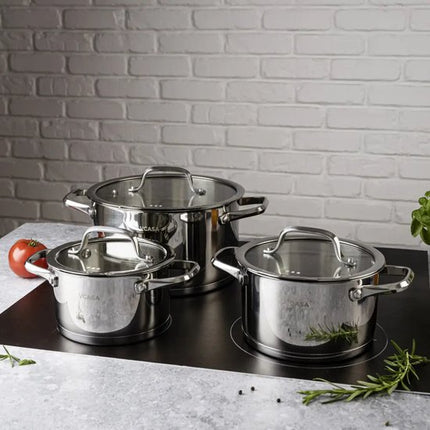 Vcasa pannenset 6-delig van rvs met glazen afgietdeksels, Ø16, Ø20 en Ø24 cm