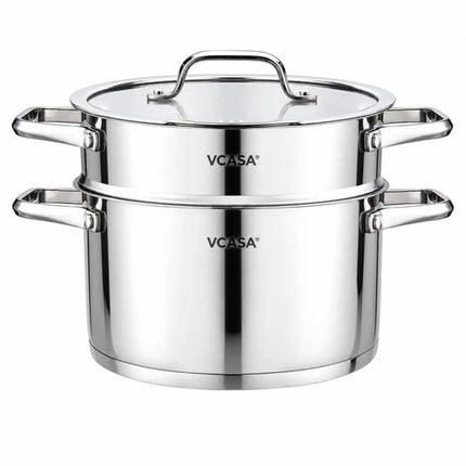 Vcasa 3-delige stoompan 20 cm, 3,4 liter, rvs 304 met stoominzet en deksel
