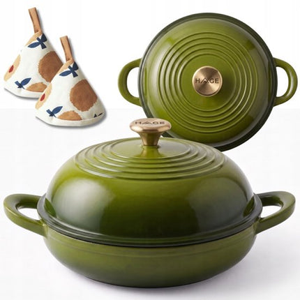 Hage - Gietijzeren Broodpan - Geëmailleerde Bakpan met Deksel - Voor Zelfgebakken Brood & Ovenschotels - Inductie, Gas & Ovenbestendig - Inclusief Pannenhouder & Handbeschermers - 2L - Ø26 x 16.5 cm - Olijfgroen
