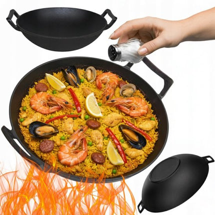 Hage - Gietijzeren Wok - Wokpan met 2 Handgrepen - Massief Gietijzer - Inductie - Gas - Elektrisch - Keramisch - Ovenbestendig - Geschikt voor Open Vuur - Warmtebehoud - Voor Aziatisch Roerbakken, Braden en Stir Fry - Ø36 cm - Zwart