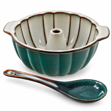 MPLCo - Keramische Bakvorm en Ramenlepel Set - Tulband Bakvorm Ø 28 cm - Cakevorm met Middenbuis - Keramische Soeplepel 16 cm - Oven-, Magnetron- en Vaatwasserbestendig - Voor Cakes, Ramen, Soep en Noedels - Groen en Grijs Ombre