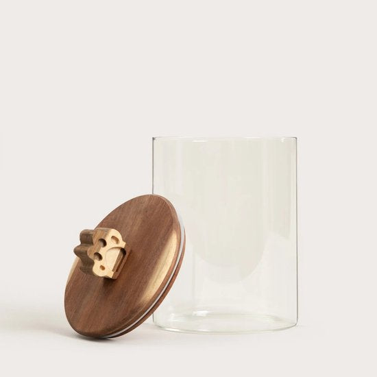 Homla - Animali Hondensnack Bewaarpot - Dierenvoer Voorraadpot met Pootafdruk - Glazen Snoeppot voor Honden - Snackpot met Houten Deksel - 1.7 Liter - Glas en Hout - Ø13 x 21 cm - Transparant