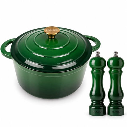 Hage - 2 Delig Keukenset - Gietijzeren Kookpan 3 L met Deksel - 22 cm - 2 Handmatige Zout- en Pepermolens - Keramisch Maalwerk - Inductie - Dutch Oven - Flesgroen