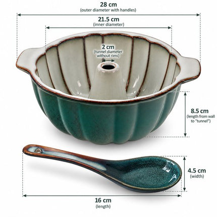 MPLCo - Keramische Bakvorm en Ramenlepel Set - Tulband Bakvorm Ø 28 cm - Cakevorm met Middenbuis - Keramische Soeplepel 16 cm - Oven-, Magnetron- en Vaatwasserbestendig - Voor Cakes, Ramen, Soep en Noedels - Groen en Grijs Ombre