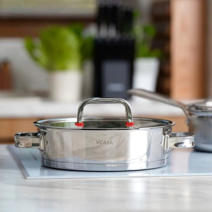 Vcasa lage rvs braadpan 24 cm met glazen afgietdeksel, 2,7 liter