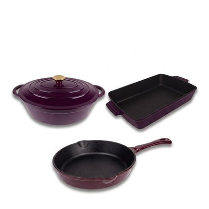 Hage - 3-Delig Gietijzeren Ovenset - 6L Braadslede met Deksel 34 cm & Bakvorm 3,5L 32x23,5 cm - Geëmailleerde Koekenpan 20 cm - Inductie, Gas & Oven - Voor Braden, Bakken & Ovenschotels - Aubergine