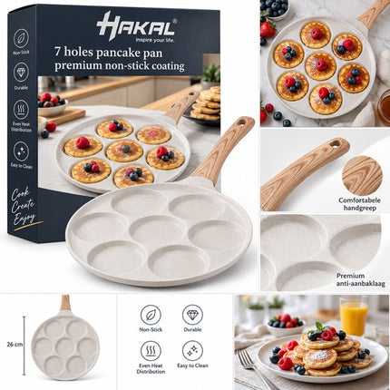 Hakal Pannenkoekenpan 7 Vaks – Ø26 cm – Pancake Pan met Anti-aanbaklaag – Voor Mini Pannenkoeken, Eieren & Snacks – Crème/Wit