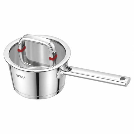 Steelpan 16 cm, 1,6 liter, rvs met glazen afgietdeksel en maataanduiding