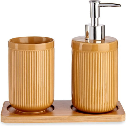 Badkamer accessoires set 3-delig van keramiek, camel bruin gestreept