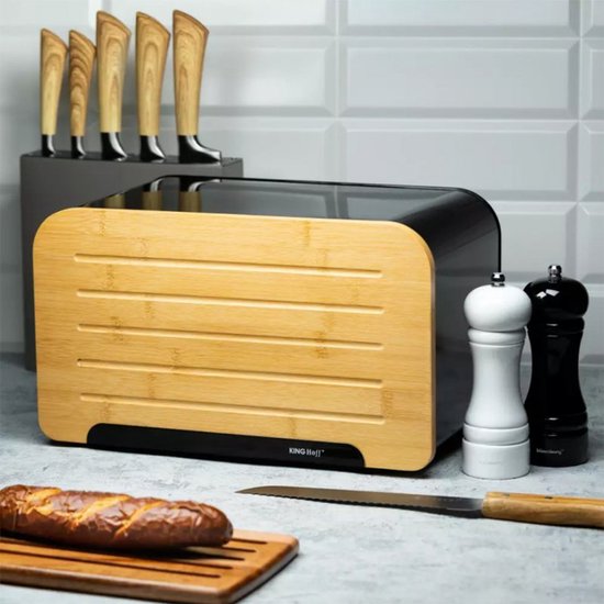 KINGHOFF - Broodtrommel - Brooddoos met Bamboe Deksel - Brood Bewaarbox Keuken - Brooddoos Modern en Stijlvol - Staal - 35 x 20 x 21.5 cm - Zwart