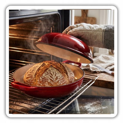 Hage - Broodbakpan - Gietijzeren Broodpan met Deksel - Geëmailleerd & Ovenbestendig - Voor Knapperig Brood, Braden & Bakken - Geschikt voor Inductie & Gas - Inclusief Pannenhouder en Handbeschermers - 2Liters - Ø26 x 16.5 cm - Rood
