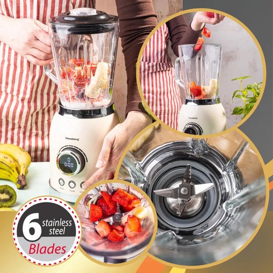 Klausberg - Blender - Smoothie Maker met LED Display - IJscrusher - Glazen Blender met 6 RVS Messen - Smoothie Blender met Timer - Keuken Blender 8 Snelheden - Crushed Ice Mixer - 1.5L - 600W - Crème