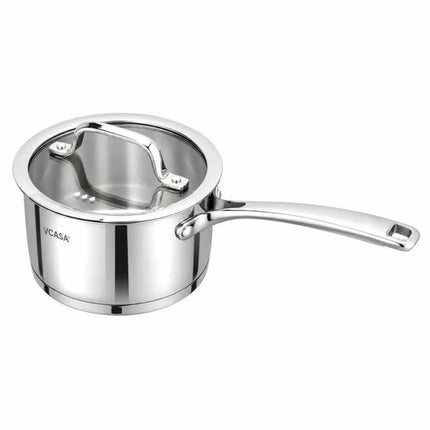 Steelpan 16 cm met glazen afgietdeksel en maataanduiding, rvs