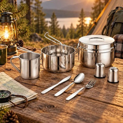 Kinghoff - KH-2060 - 9-Delig Camping Kookset - Kampeerset met Kookpan 1,5L, Mok 0,5L & Bakje 1,1L - Campingservies met Bestek, Mes, Vork & Lepel - Inclusief Zout- en Peperstrooiers - Reis- & Outdoor Set voor Camper en Tent - RVS