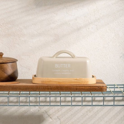 Homla - Flora Botervloot met Houten Onderzetter - Butter Dish Metaal met Deksel - Boter Serveren en Bewaren Keuken - Stijlvolle Boterschaal met Hout - 0.35L - 15.5 x 10.5 x 6.5 cm - Beige