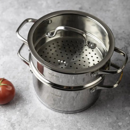 Vcasa 3-delige stoompan 20 cm, 3,4 liter, rvs 304 met stoominzet en deksel