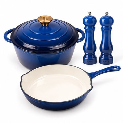Hage - 3-Delig Keukenset - Gietijzeren Koekenpan 20 cm & Braadpan 5L met Deksel - 2 Handmatige Zout- en Pepermolens 100 ml - Geëmailleerd - Inductie, Gas & Oven - Blauw